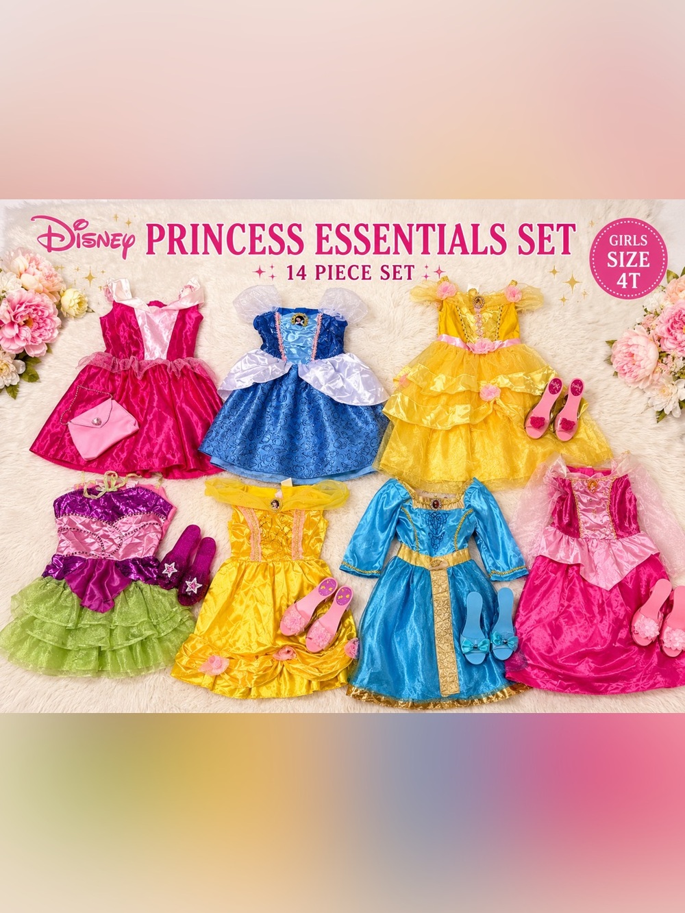 Disney Princess Dress Up Essentials Bundle | Girls Size 4T | 14 Piece Set